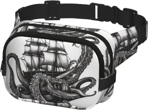Waist Pack for Men Women Crossbody Belt Bag Black and White Octopus and Ship Waist Bag Travel Fanny Pack Bum Bags