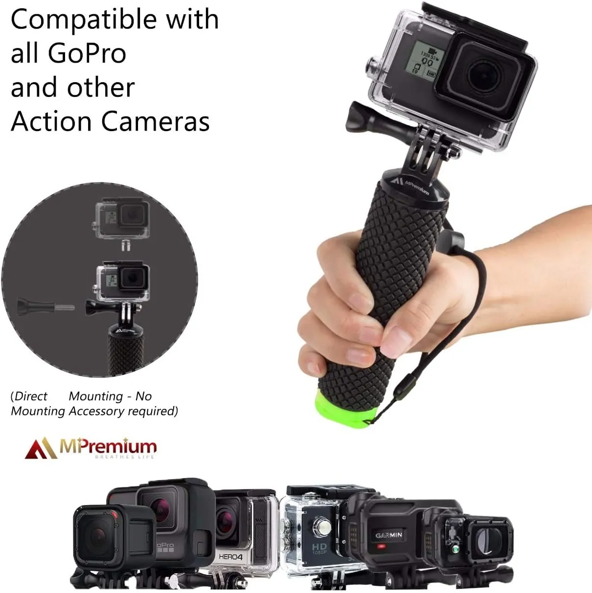 Waterproof Floating Hand Grip Compatible with GoPro Hero 12 11 10 9 8 7 6 5 4 3  2 1 Session Black Silver Camera Handler & Handle Mount Accessories Kit for Water Sport and Action Cameras (Green)