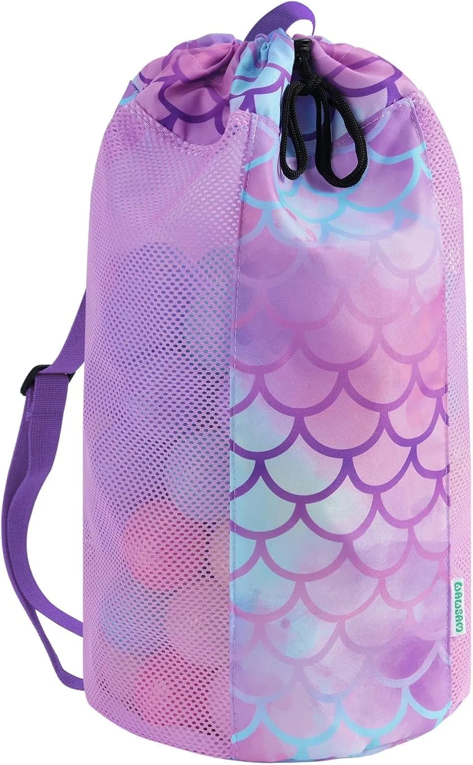 WAWSAM Mermaid Large Mesh Beach Bag for Kids, Kids Drawstring Beach Backpack for Girls, Tote Mesh Beach Toys Bag, Swim Pool Toys Balls Storage Bags Gym Bag, Beach Toy Shells Organizer