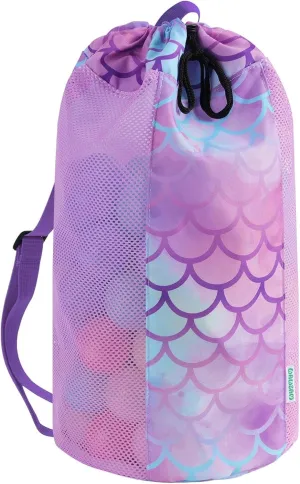 WAWSAM Mermaid Large Mesh Beach Bag for Kids, Kids Drawstring Beach Backpack for Girls, Tote Mesh Beach Toys Bag, Swim Pool Toys Balls Storage Bags Gym Bag, Beach Toy Shells Organizer
