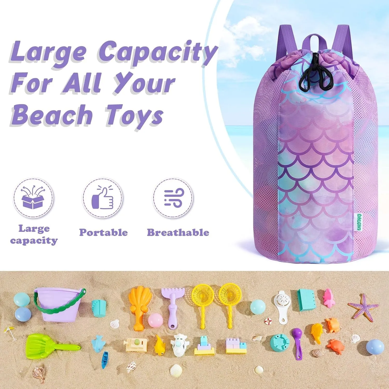 WAWSAM Mermaid Large Mesh Beach Bag for Kids, Kids Drawstring Beach Backpack for Girls, Tote Mesh Beach Toys Bag, Swim Pool Toys Balls Storage Bags Gym Bag, Beach Toy Shells Organizer