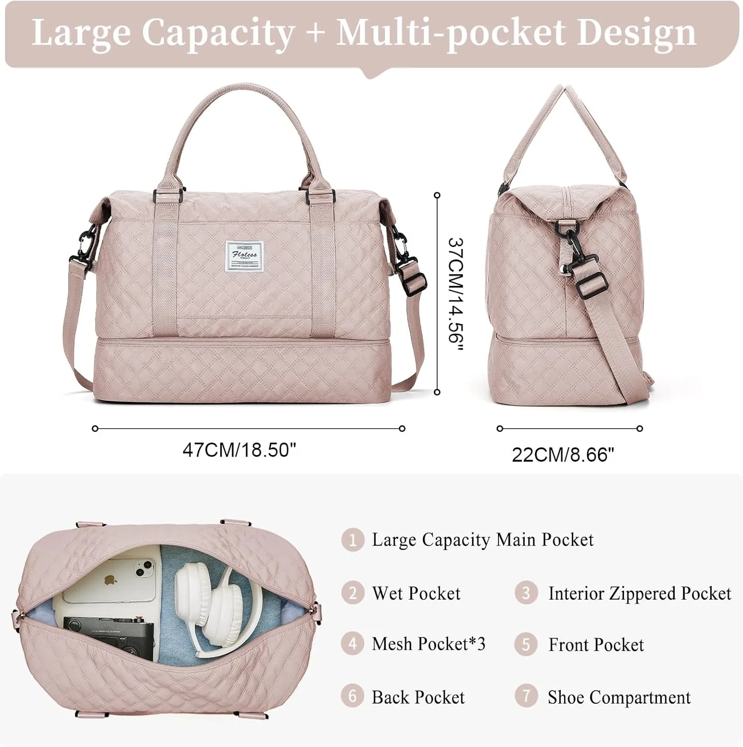 Weekender Bags for Women, Carry on Overnight Weekend Travel Duffel Bag with Shoes Compartment &Toiletry Bag, Personal Item Bag for Travel Business Trips Sport Hospital