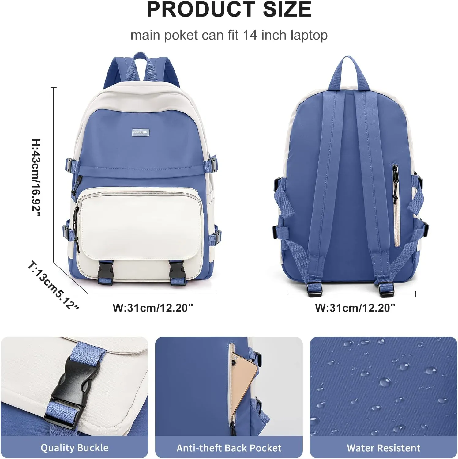 weradar Cute College Backpack for Women Men,Middle School Backpack For Teen Girls,Waterproof Travel Rucksack Casual Daypack,High School Bag For Boy,Kawaii Students(Blue)
