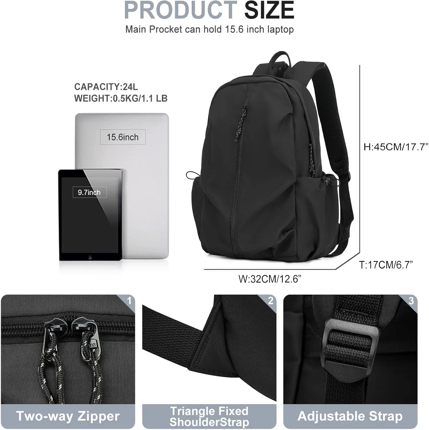 weradar Simple Black School Backpack For Women Men,Waterproof College Backpack,High School Bookbag For Teens Boys Girls,Lightweight Casual Daypack Travel Backpack