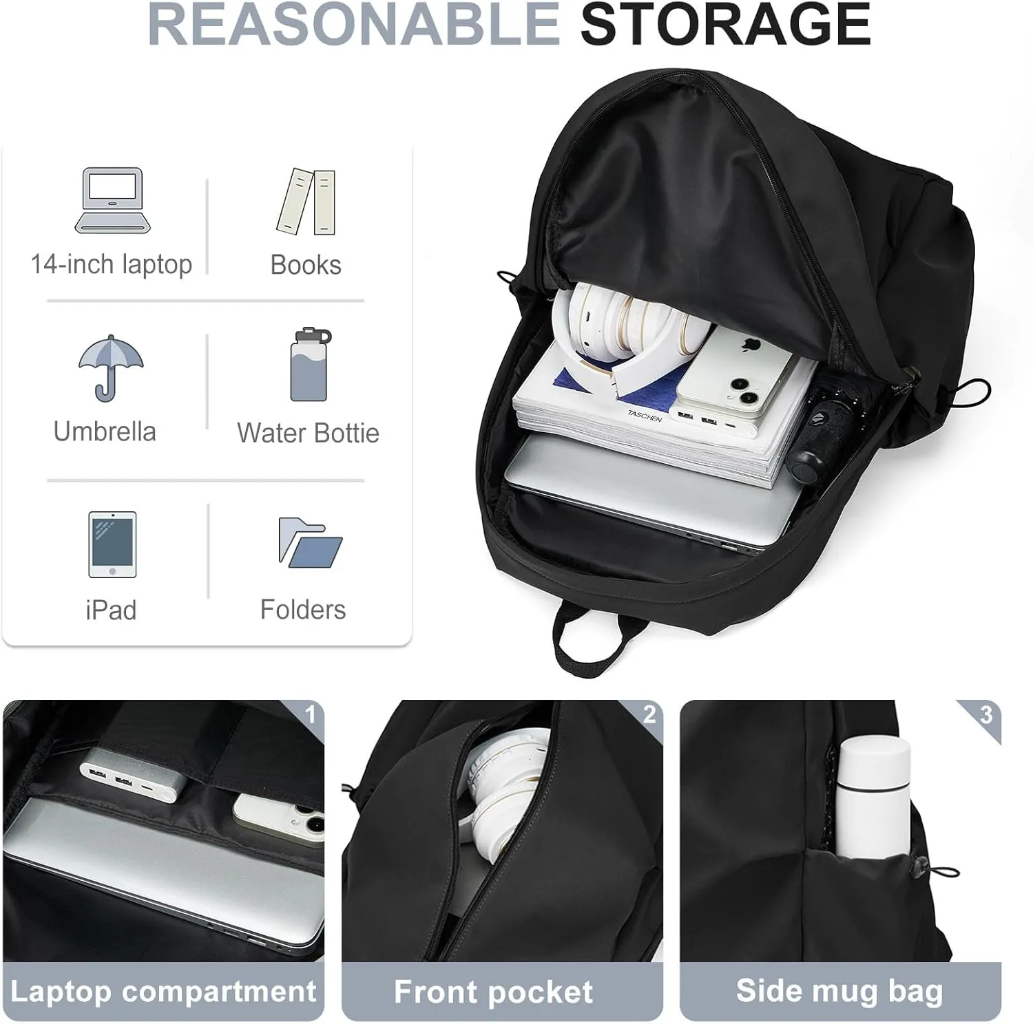 weradar Simple Black School Backpack For Women Men,Waterproof College Backpack,High School Bookbag For Teens Boys Girls,Lightweight Casual Daypack Travel Backpack