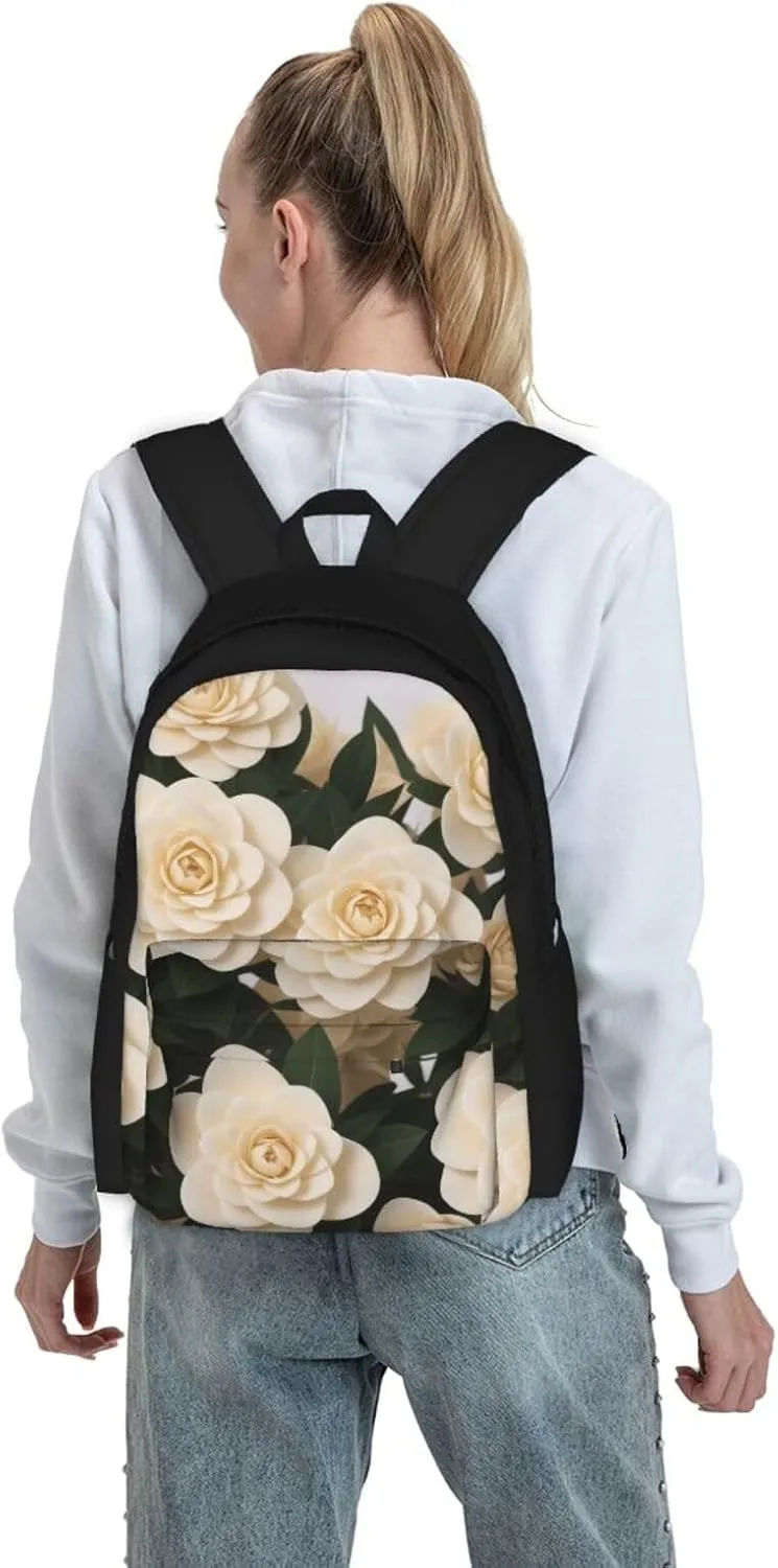 White Camellia Backpack Printing Lightweight Casual Backpack Shoulder Bags Large Capacity Laptop Backpack