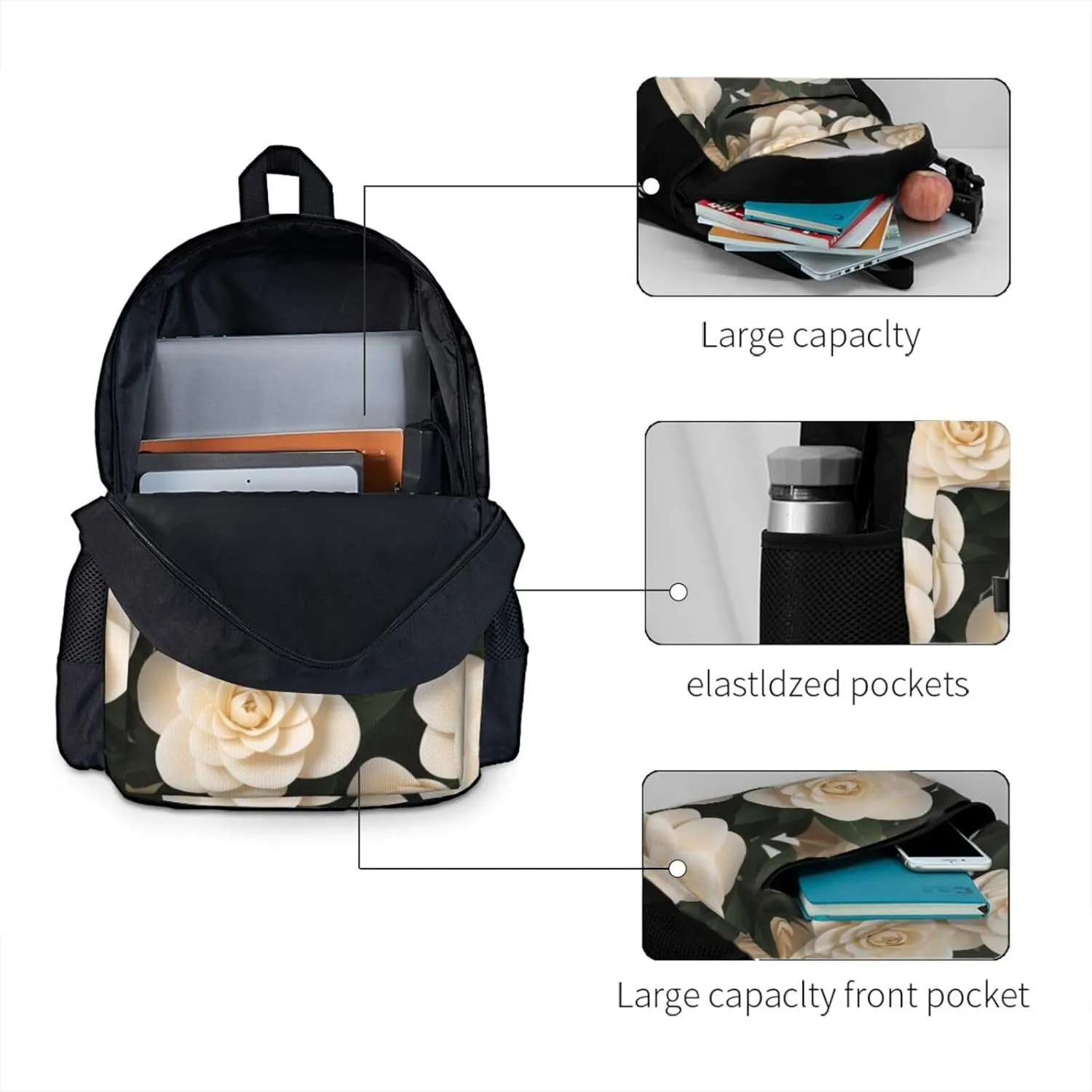 White Camellia Backpack Printing Lightweight Casual Backpack Shoulder Bags Large Capacity Laptop Backpack