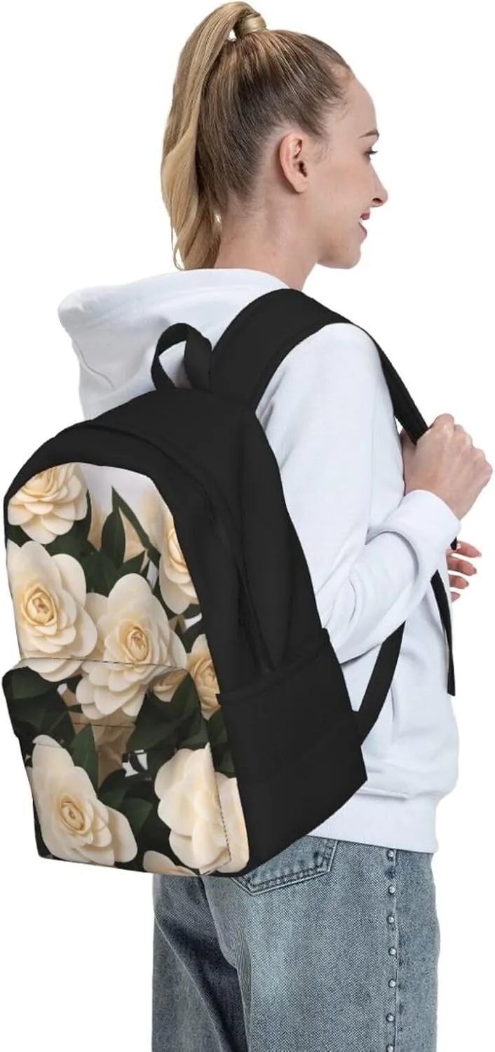 White Camellia Backpack Printing Lightweight Casual Backpack Shoulder Bags Large Capacity Laptop Backpack