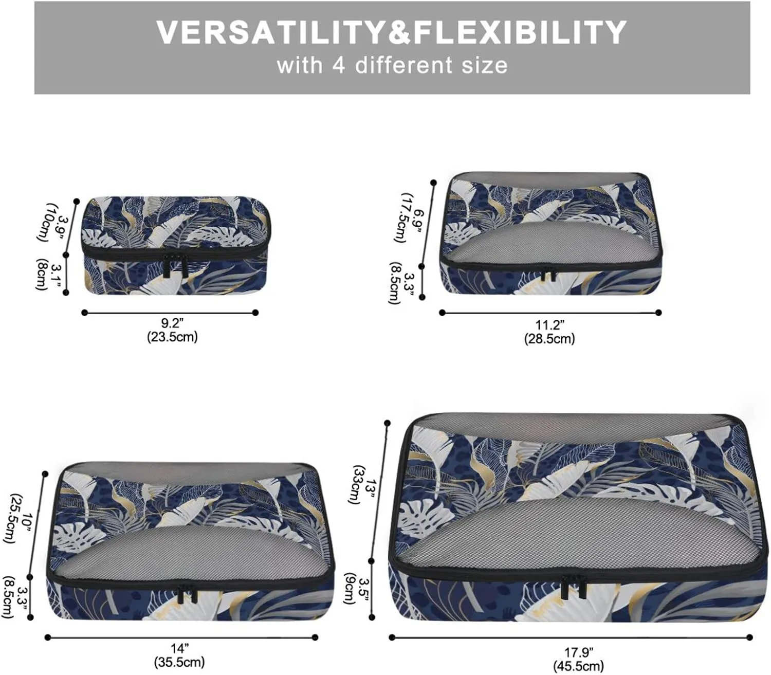 White Grey Tropical Leaves with Gold Elements on Blue Leopard Skin 4 PCs Set Packing Bags, Luggage Organizer Bag, Portable Cube Toiletry bag, Durable Travel Cosmetic Storage Bag for Men Women