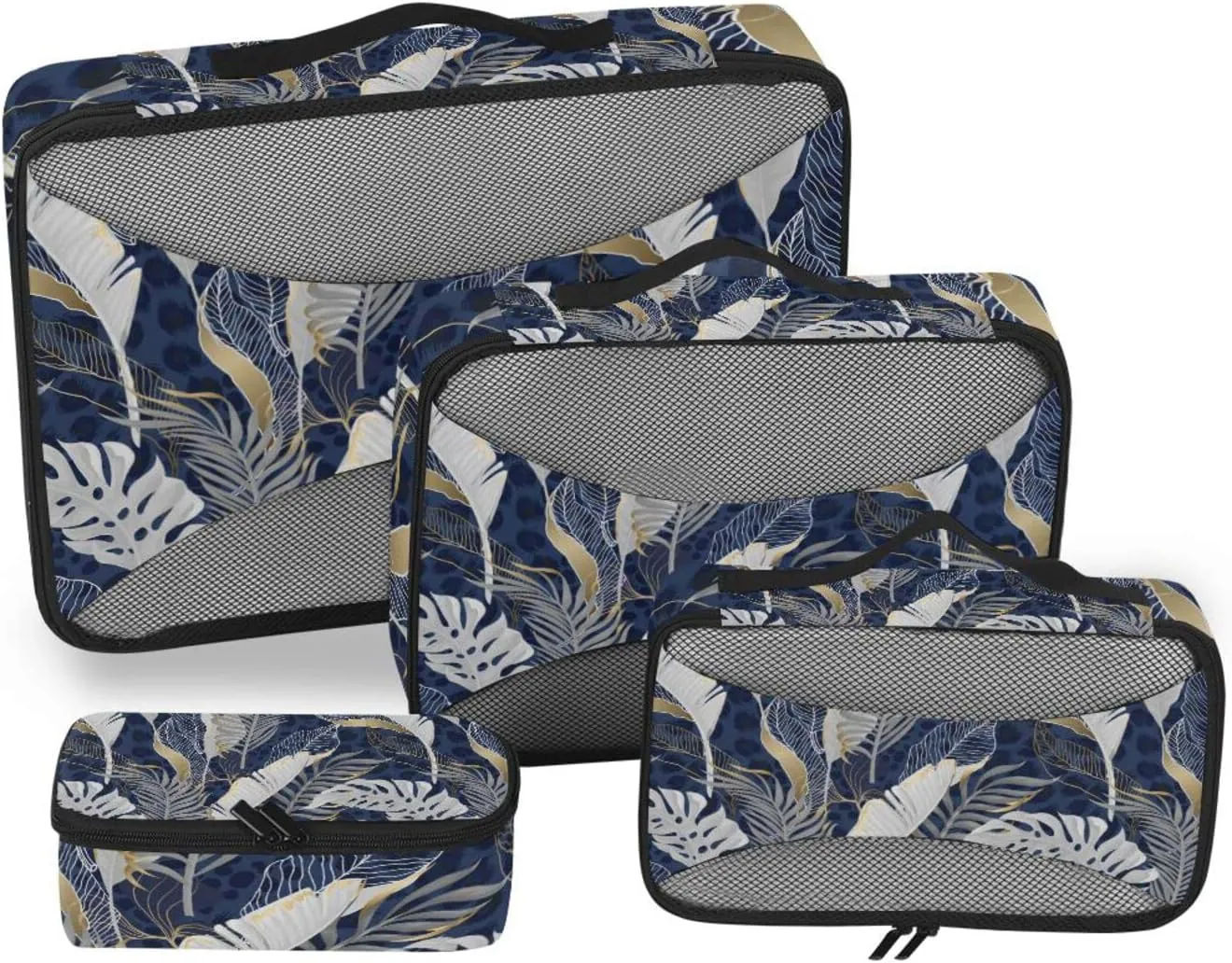 White Grey Tropical Leaves with Gold Elements on Blue Leopard Skin 4 PCs Set Packing Bags, Luggage Organizer Bag, Portable Cube Toiletry bag, Durable Travel Cosmetic Storage Bag for Men Women