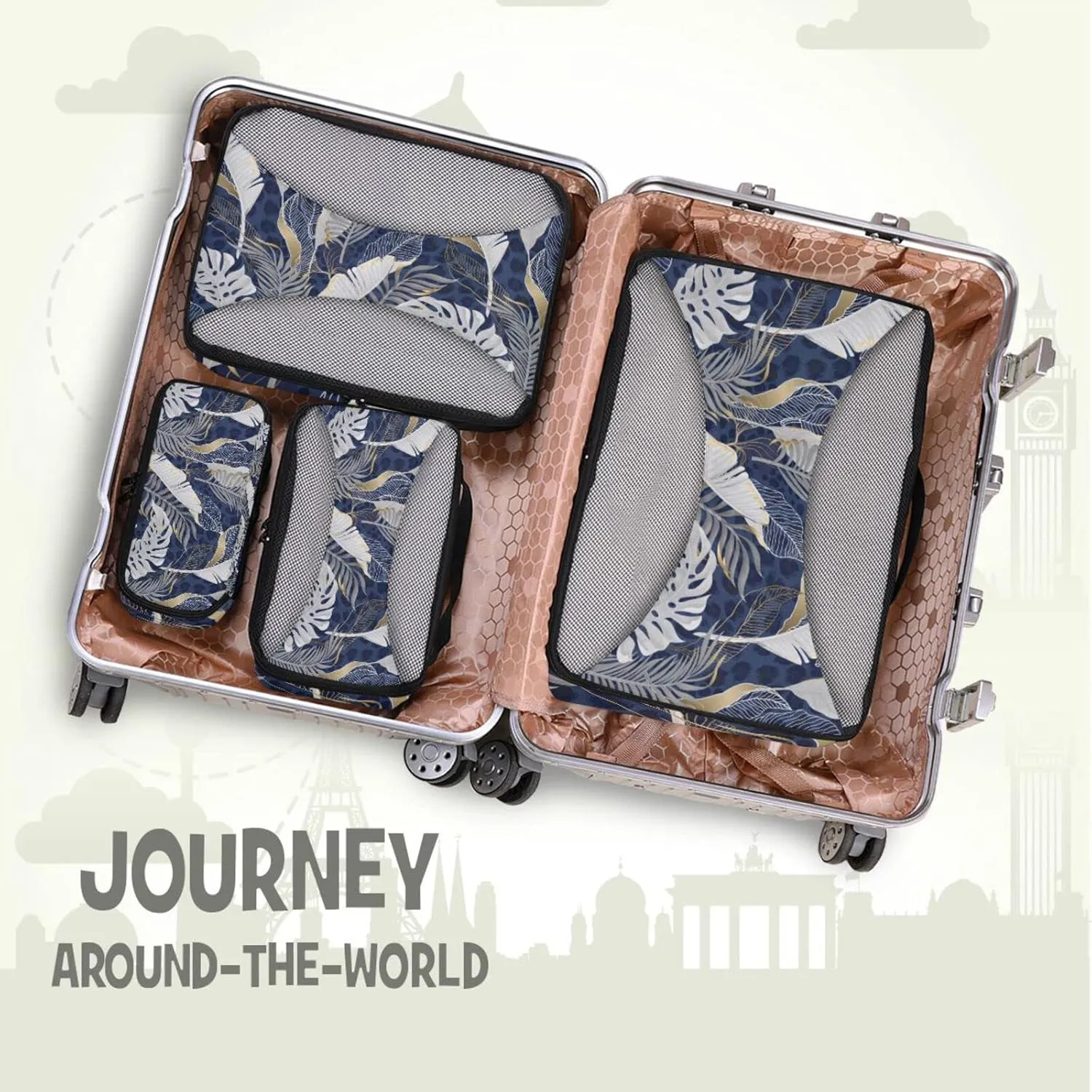 White Grey Tropical Leaves with Gold Elements on Blue Leopard Skin 4 PCs Set Packing Bags, Luggage Organizer Bag, Portable Cube Toiletry bag, Durable Travel Cosmetic Storage Bag for Men Women