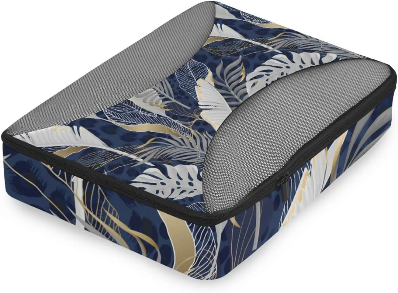 White Grey Tropical Leaves with Gold Elements on Blue Leopard Skin 4 PCs Set Packing Bags, Luggage Organizer Bag, Portable Cube Toiletry bag, Durable Travel Cosmetic Storage Bag for Men Women