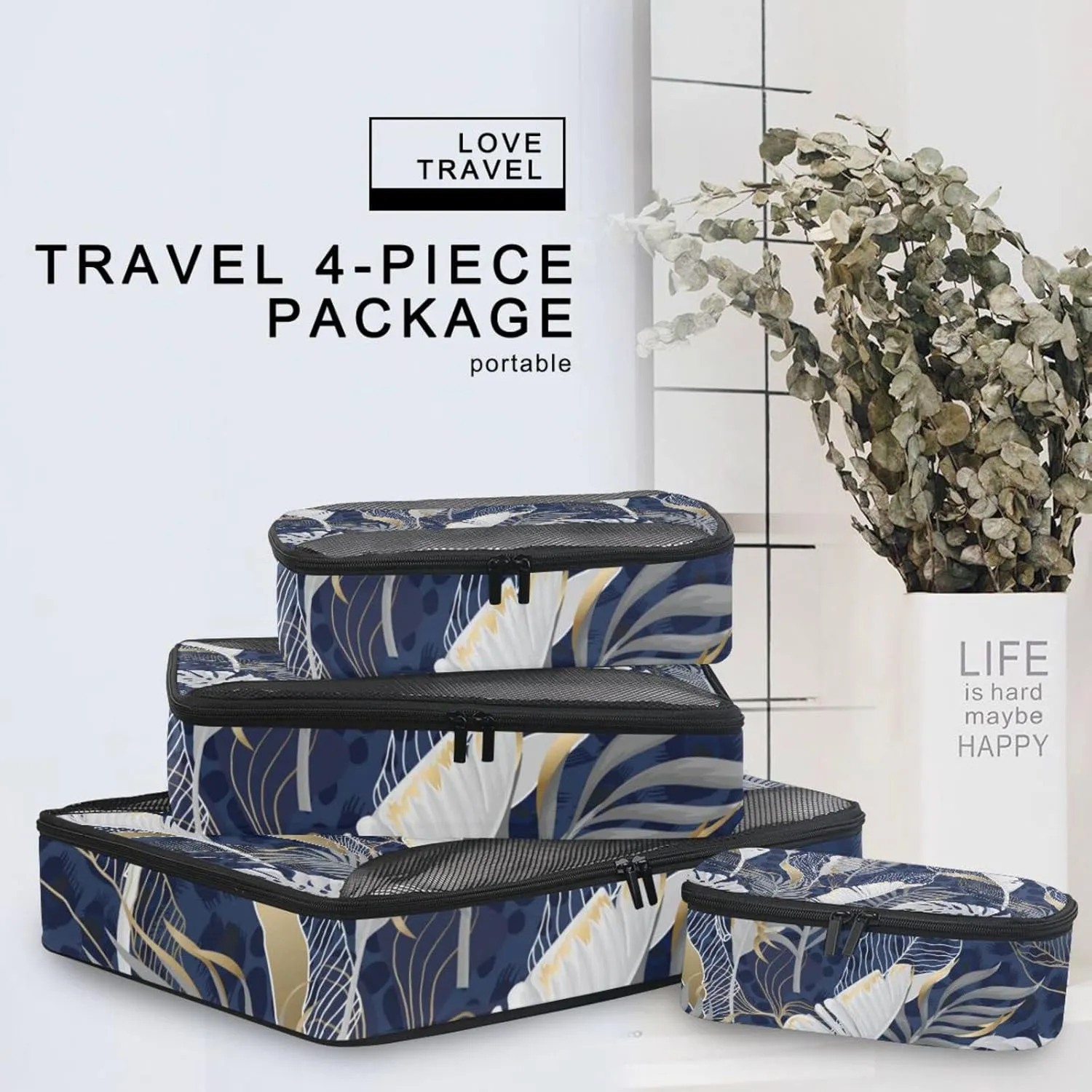 White Grey Tropical Leaves with Gold Elements on Blue Leopard Skin 4 PCs Set Packing Bags, Luggage Organizer Bag, Portable Cube Toiletry bag, Durable Travel Cosmetic Storage Bag for Men Women