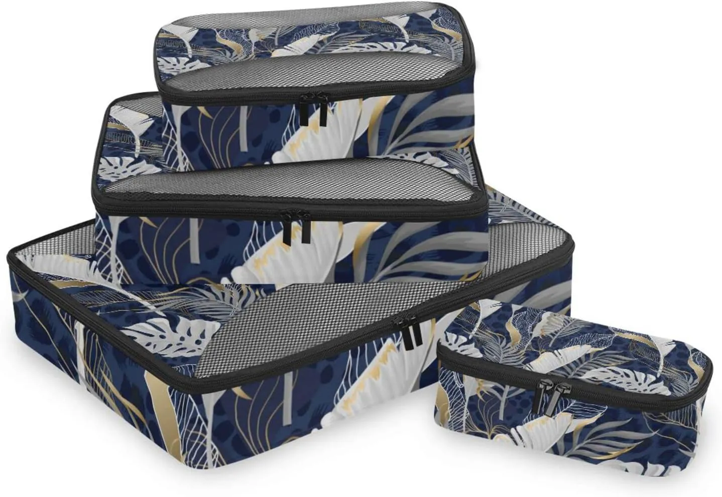 White Grey Tropical Leaves with Gold Elements on Blue Leopard Skin 4 PCs Set Packing Bags, Luggage Organizer Bag, Portable Cube Toiletry bag, Durable Travel Cosmetic Storage Bag for Men Women