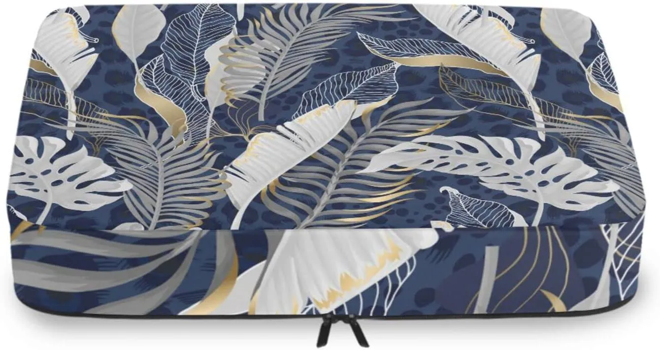 White Grey Tropical Leaves with Gold Elements on Blue Leopard Skin 4 PCs Set Packing Bags, Luggage Organizer Bag, Portable Cube Toiletry bag, Durable Travel Cosmetic Storage Bag for Men Women