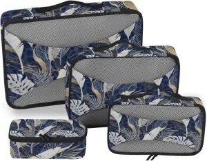 White Grey Tropical Leaves with Gold Elements on Blue Leopard Skin 4 PCs Set Packing Bags, Luggage Organizer Bag, Portable Cube Toiletry bag, Durable Travel Cosmetic Storage Bag for Men Women