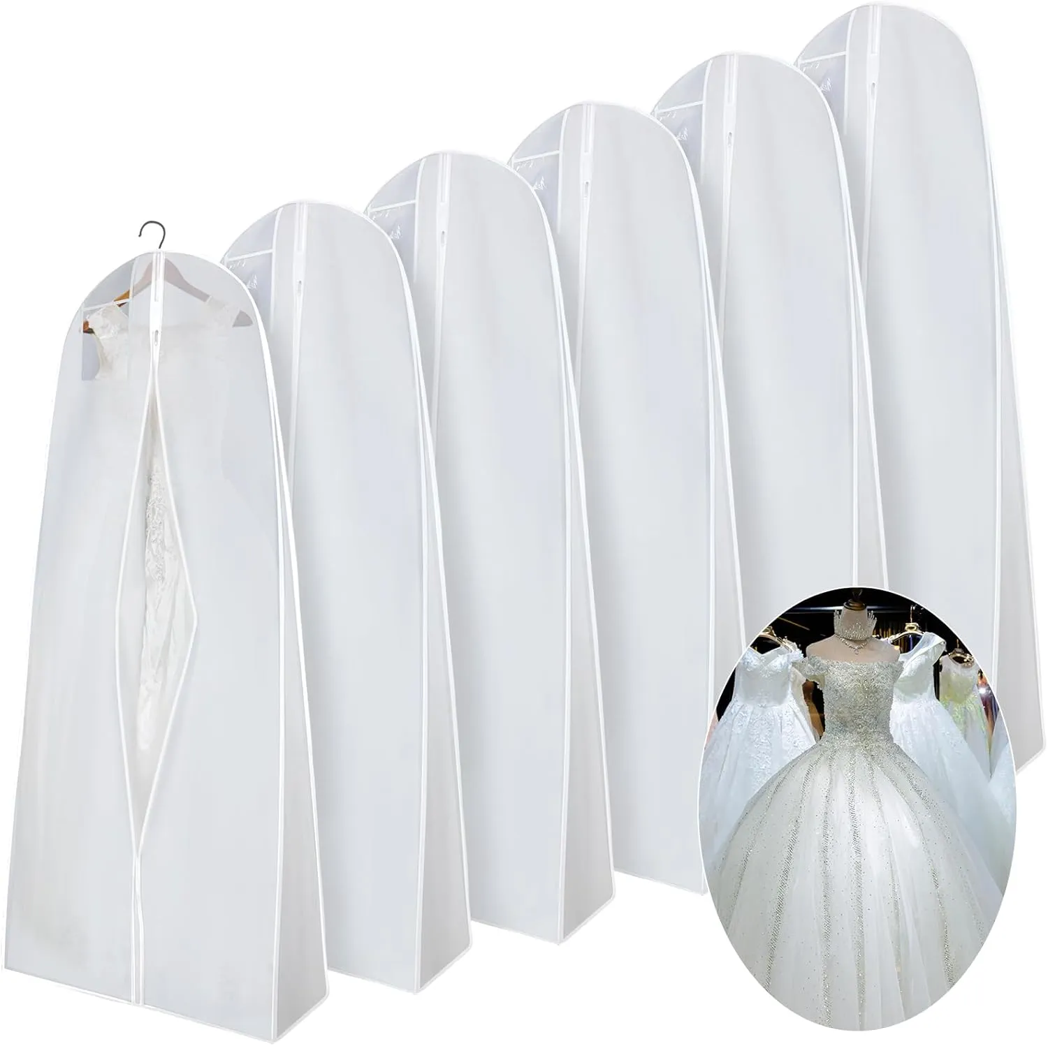 Windyun 6 Pack Wedding Dress Garment Bags 71'' Dress Bags for Gowns Long with 9" Gusseted for Travel Hanging Clothes Storage(White)