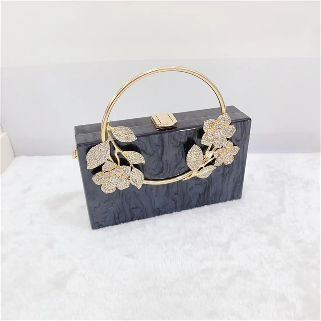 Women Acrylic Evening Clutch Marble Pattern Carved Circle Handle Handbag Square Box Bag for Evening Cocktail Prom