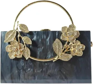 Women Acrylic Evening Clutch Marble Pattern Carved Circle Handle Handbag Square Box Bag for Evening Cocktail Prom