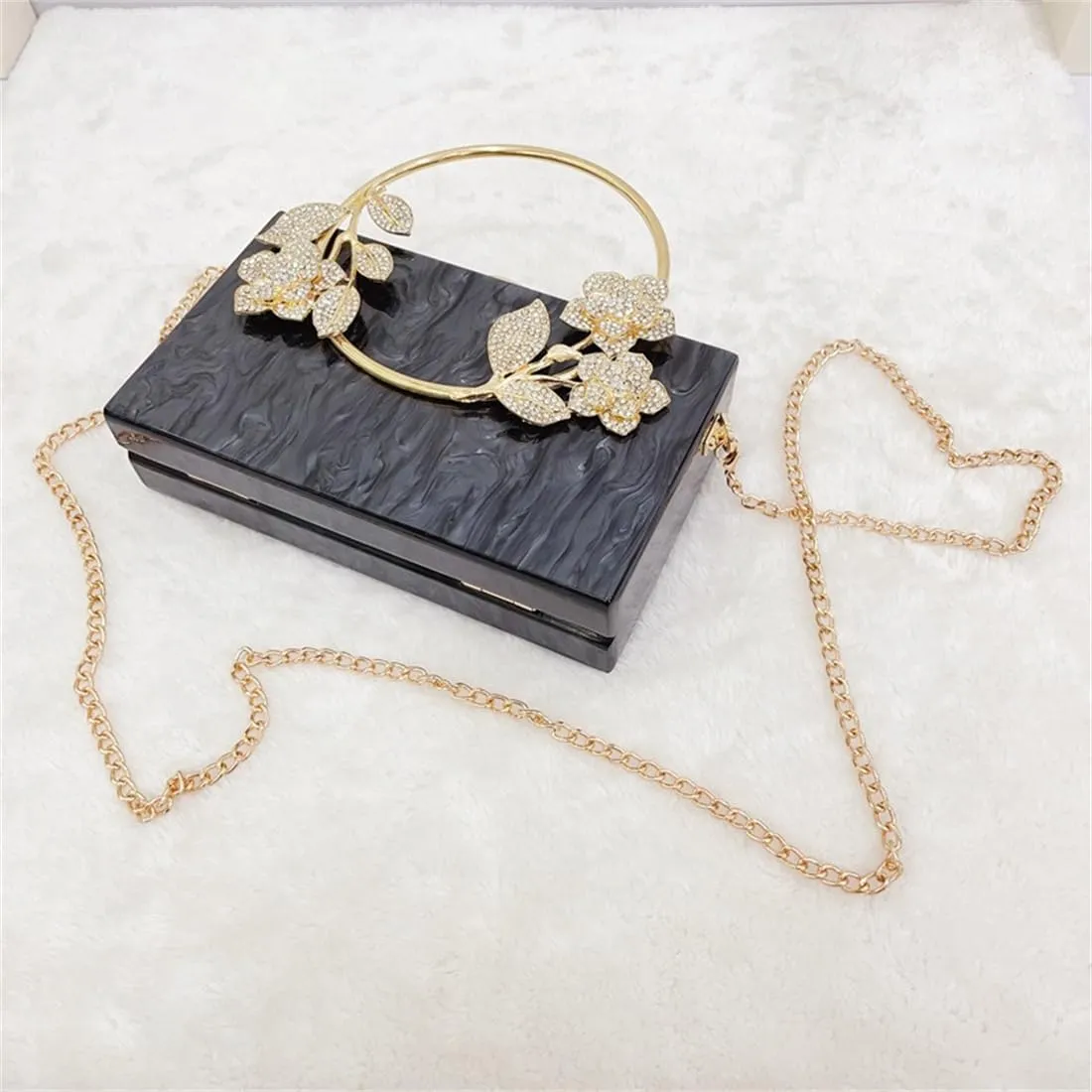 Women Acrylic Evening Clutch Marble Pattern Carved Circle Handle Handbag Square Box Bag for Evening Cocktail Prom