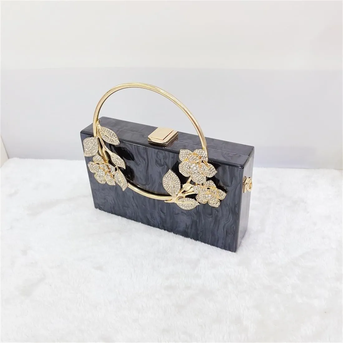 Women Acrylic Evening Clutch Marble Pattern Carved Circle Handle Handbag Square Box Bag for Evening Cocktail Prom
