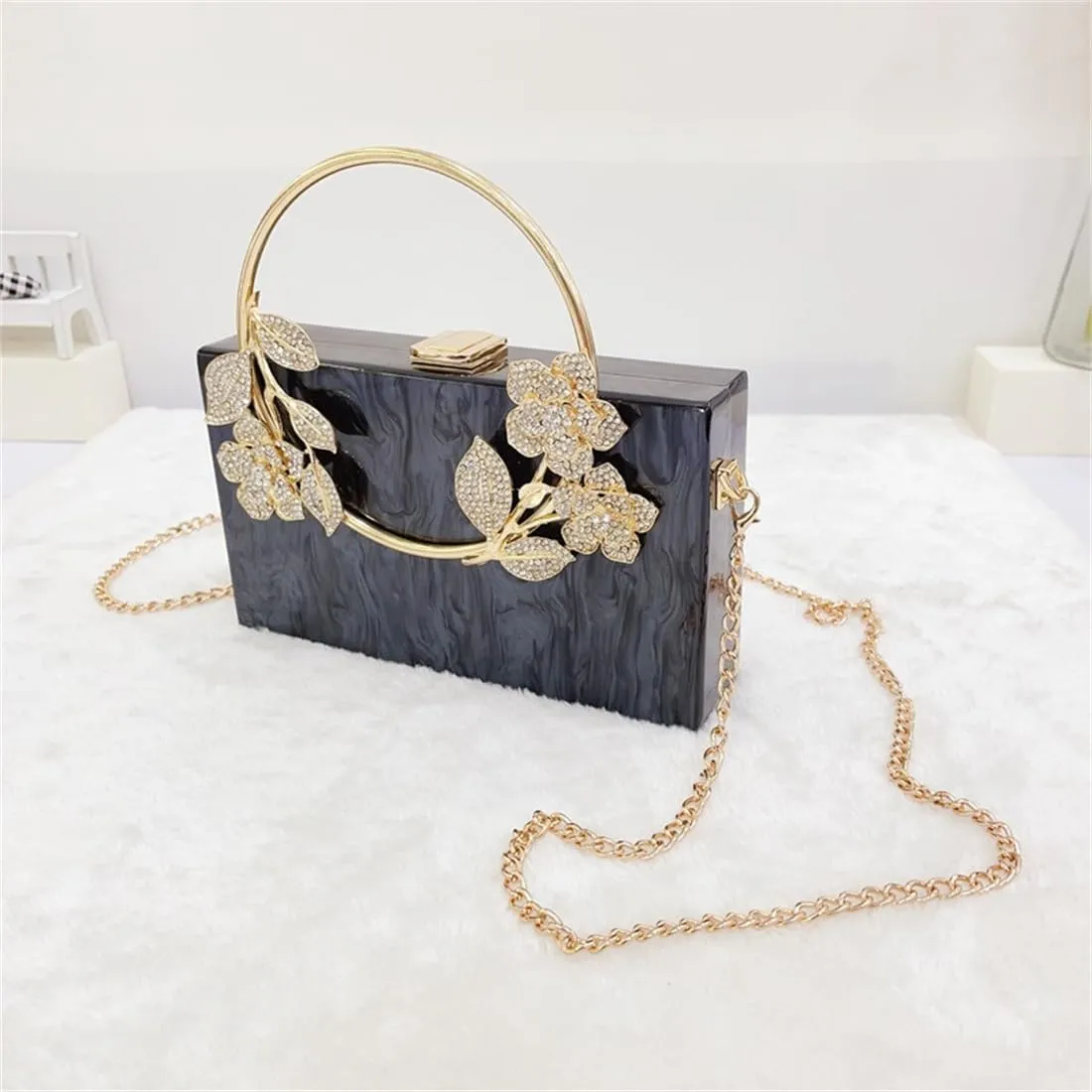 Women Acrylic Evening Clutch Marble Pattern Carved Circle Handle Handbag Square Box Bag for Evening Cocktail Prom