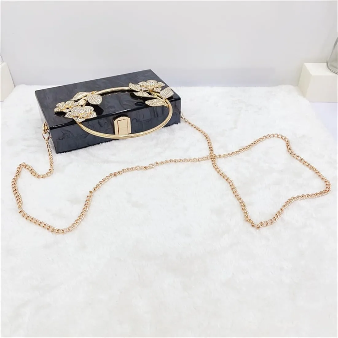 Women Acrylic Evening Clutch Marble Pattern Carved Circle Handle Handbag Square Box Bag for Evening Cocktail Prom