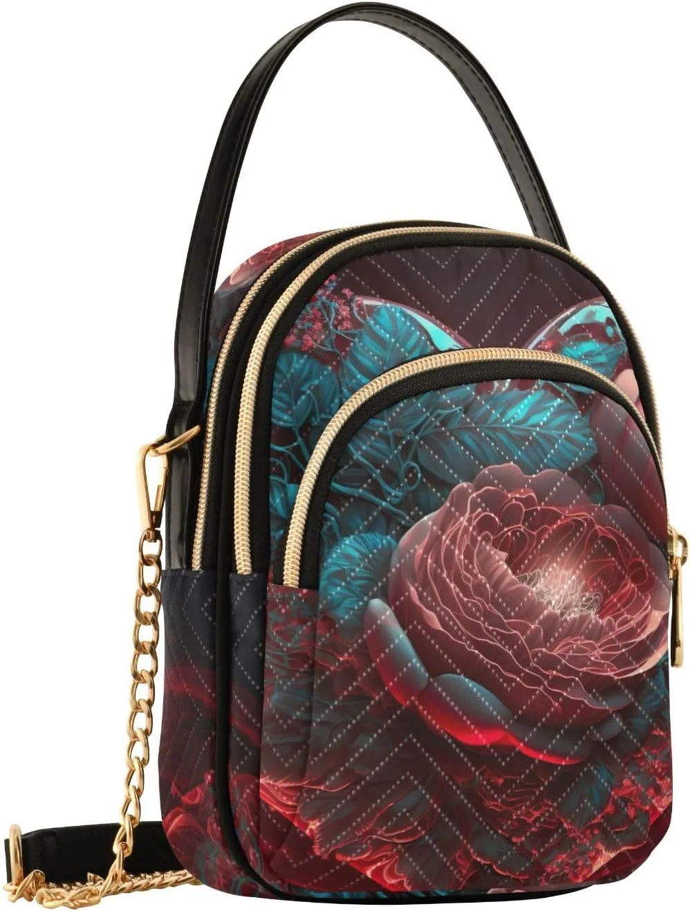 Women Crossbody Shoulder Bags Heart Red Rose Print, Compact Fashion Purse with Chain Strap Top handle Handbags for Evening Party Dating Travel
