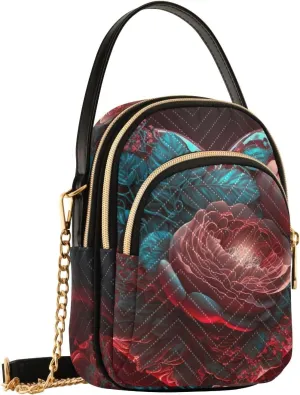Women Crossbody Shoulder Bags Heart Red Rose Print, Compact Fashion Purse with Chain Strap Top handle Handbags for Evening Party Dating Travel