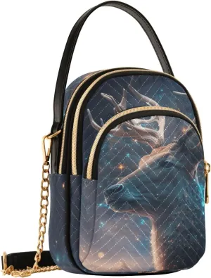 Women Crossbody Shoulder Bags Mysterious Deer Space Print, Compact Fashion Purse with Chain Strap Top handle Handbags for Evening Party Dating Travel
