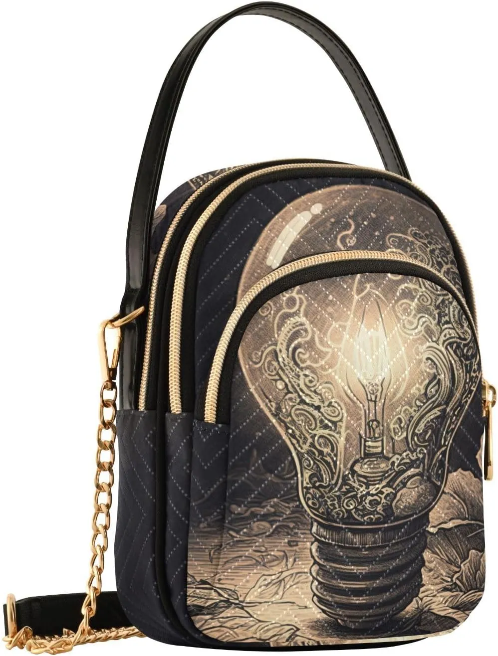 Women Crossbody Shoulder Bags Vintage Bulb Print, Compact Fashion Purse with Chain Strap Top handle Handbags for Evening Party Dating Travel