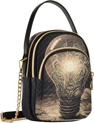 Women Crossbody Shoulder Bags Vintage Bulb Print, Compact Fashion Purse with Chain Strap Top handle Handbags for Evening Party Dating Travel