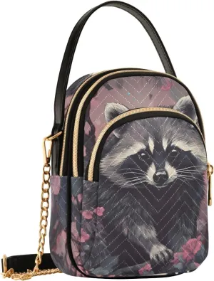 Women Crossbody Sling Bags Painting Raccoon Flowery Print, Compact Fashion Handbags Purse with Chain Strap Top handle for Evening Party Dating Travel