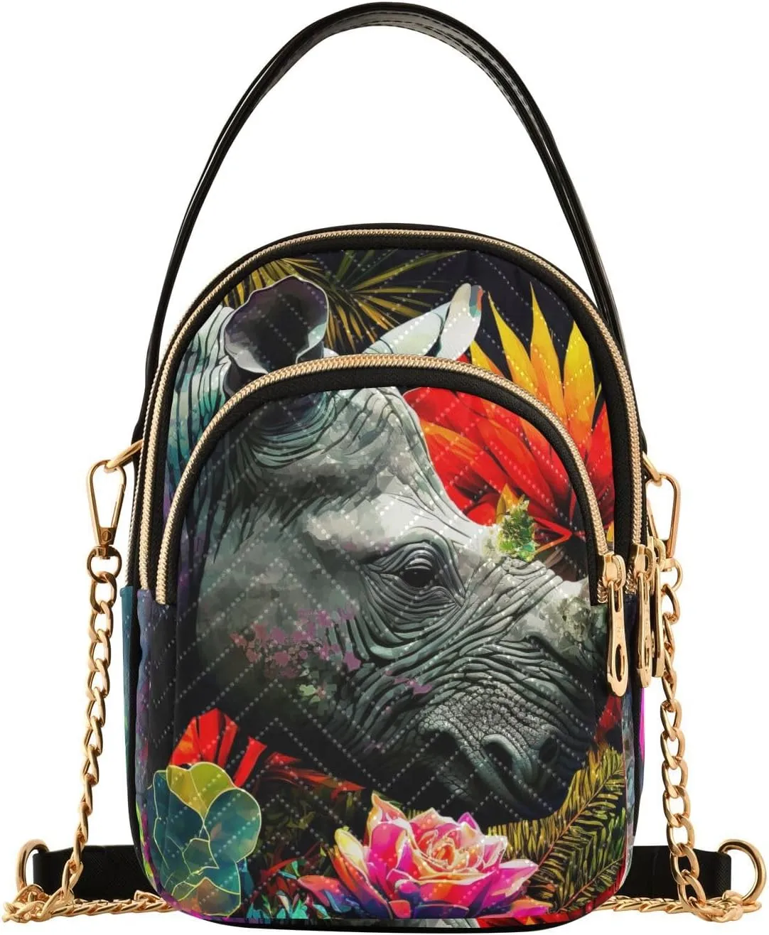 Women Crossbody Sling Bags Rhinoceros Flowers Print, Compact Fashion Handbags Purse with Chain Strap Top handle for Evening Party Dating Travel