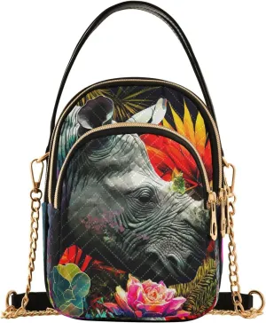 Women Crossbody Sling Bags Rhinoceros Flowers Print, Compact Fashion Handbags Purse with Chain Strap Top handle for Evening Party Dating Travel