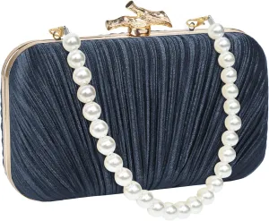 Women Evening Bag Clutch Purse, Pleated Satin Seashell Evening Clutch for Wedding Party Cocktail Prom Dinner with Pearl Chain