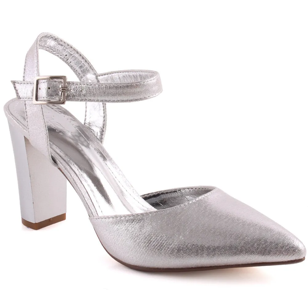 Women "ZUBIN" Pointed Toe Shiny Surface Ankle Strap Block Heel Sandals