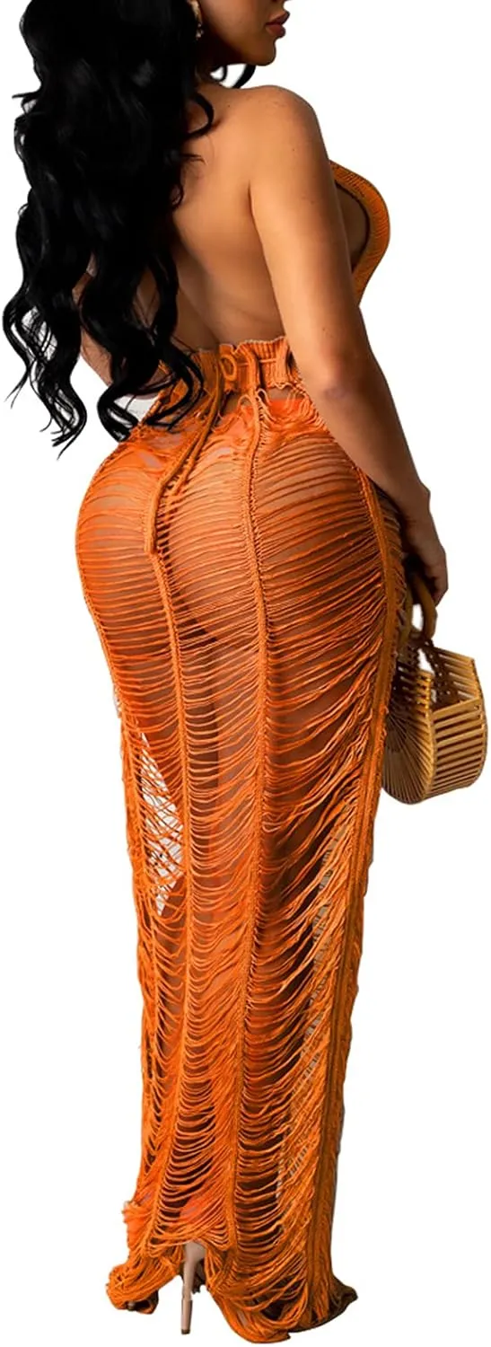 Women Sexy Halter Sleeveless Mesh See Through Crochet Maxi Long Dress Backless Knitted Beach Bikini Swimsuit Cover Ups