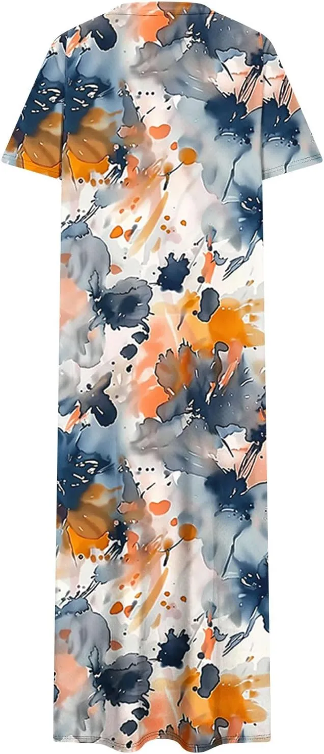 Women Short Sleeve A Line Sundress Cute Flower Graphic Print Beach Dresses Casual Fashion Loose Clothing