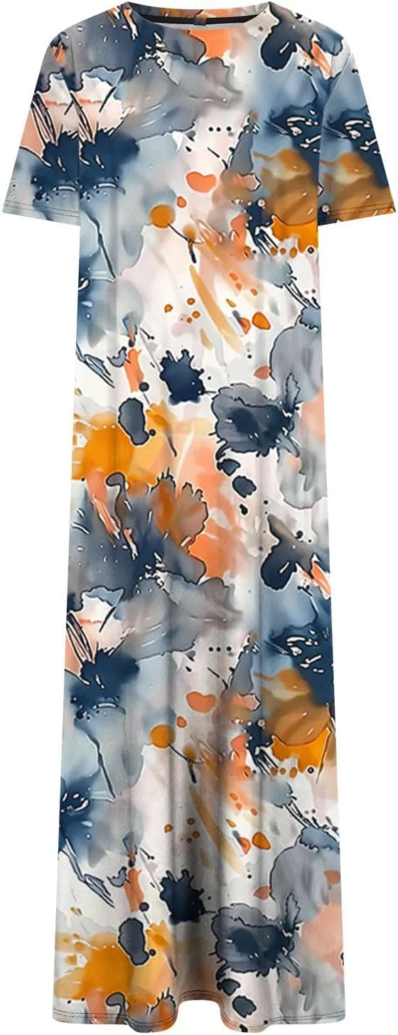 Women Short Sleeve A Line Sundress Cute Flower Graphic Print Beach Dresses Casual Fashion Loose Clothing