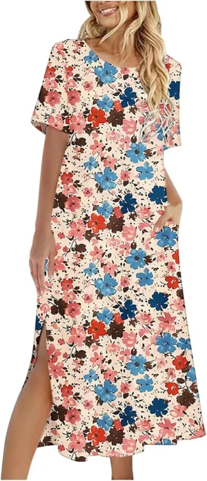Women Short Sleeve A Line Sundress Cute Flower Graphic Print Beach Dresses Casual Fashion Loose Clothing