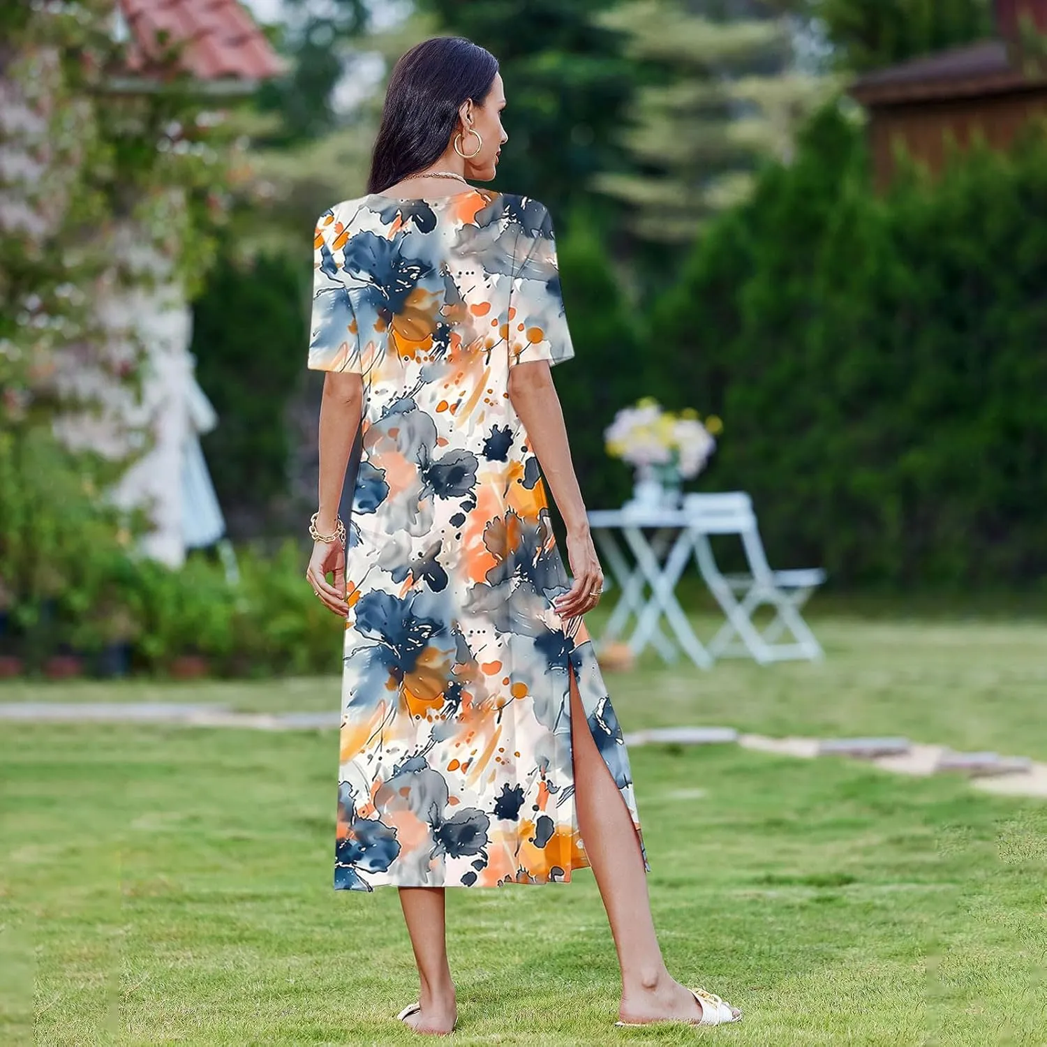 Women Short Sleeve A Line Sundress Cute Flower Graphic Print Beach Dresses Casual Fashion Loose Clothing