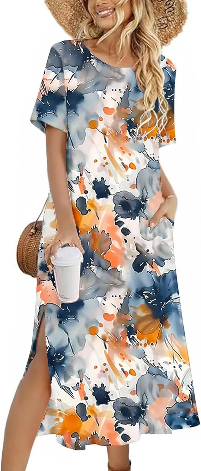Women Short Sleeve A Line Sundress Cute Flower Graphic Print Beach Dresses Casual Fashion Loose Clothing