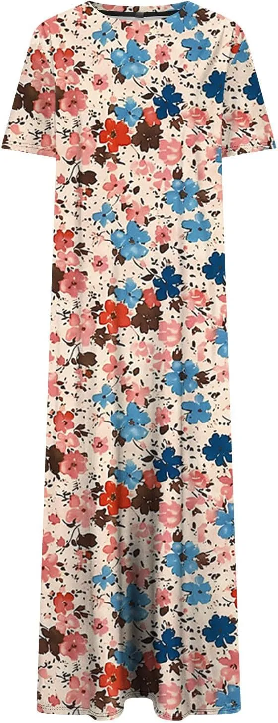 Women Short Sleeve A Line Sundress Cute Flower Graphic Print Beach Dresses Casual Fashion Loose Clothing