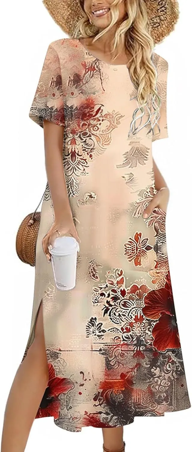 Women Short Sleeve A Line Sundress Cute Flower Graphic Print Beach Dresses Casual Fashion Loose Clothing