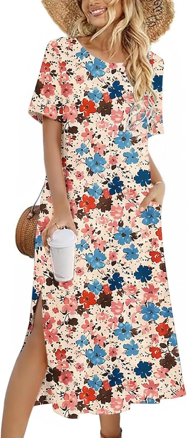 Women Short Sleeve A Line Sundress Cute Flower Graphic Print Beach Dresses Casual Fashion Loose Clothing