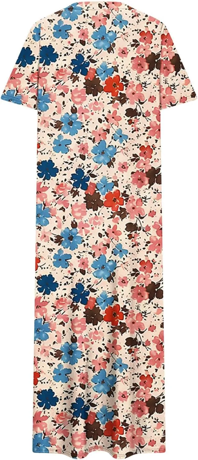 Women Short Sleeve A Line Sundress Cute Flower Graphic Print Beach Dresses Casual Fashion Loose Clothing