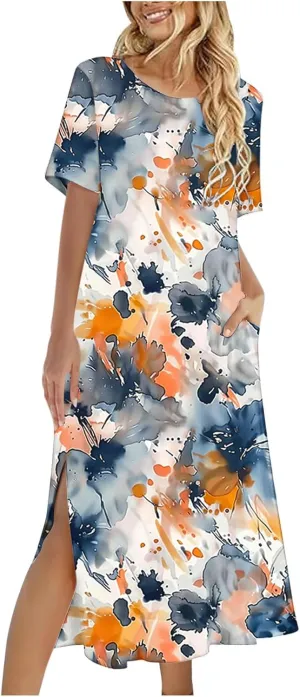 Women Short Sleeve A Line Sundress Cute Flower Graphic Print Beach Dresses Casual Fashion Loose Clothing