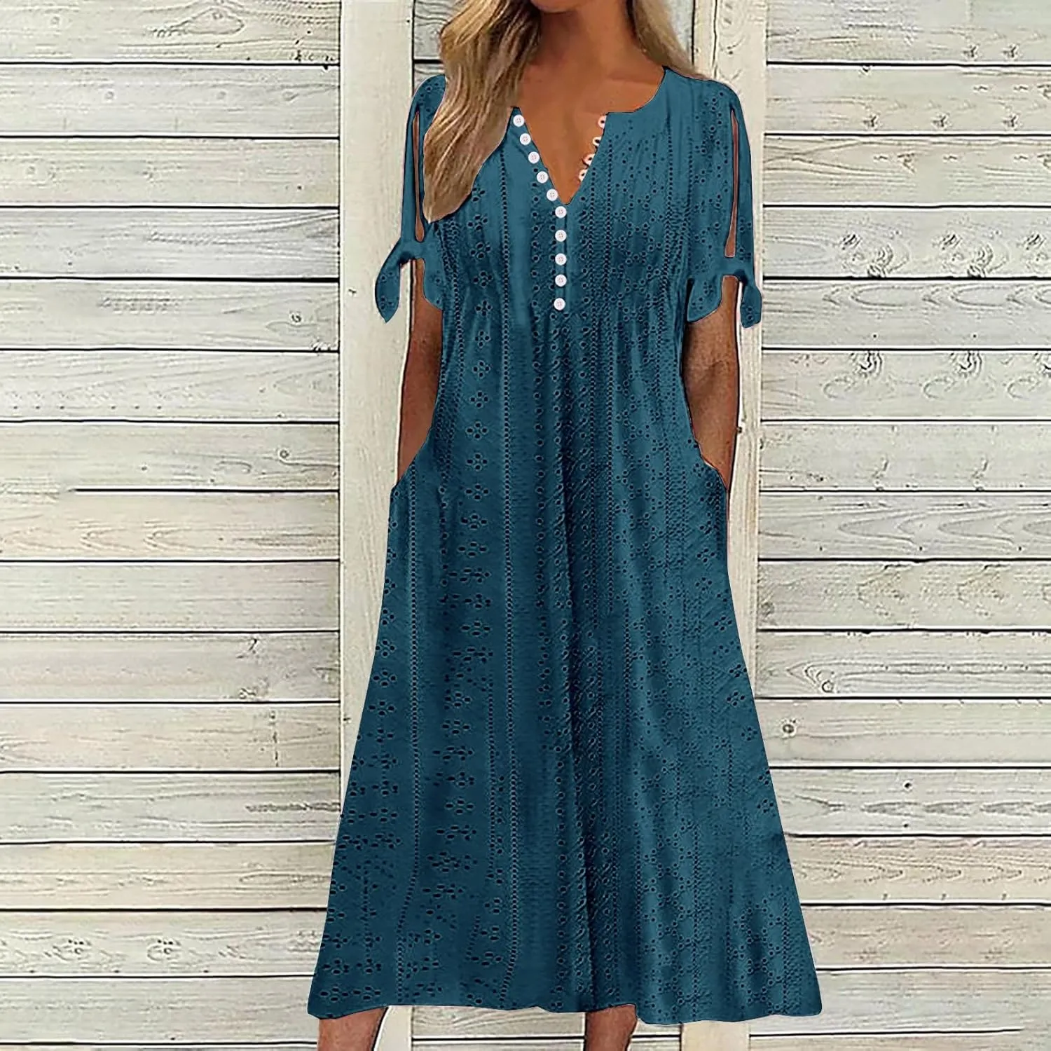 Women Short Sleeve Beach Midi Dresses Lightweight Eyelet Sundress Comfortable Trendy Clothes with Pockets