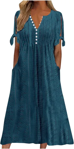 Women Short Sleeve Beach Midi Dresses Lightweight Eyelet Sundress Comfortable Trendy Clothes with Pockets